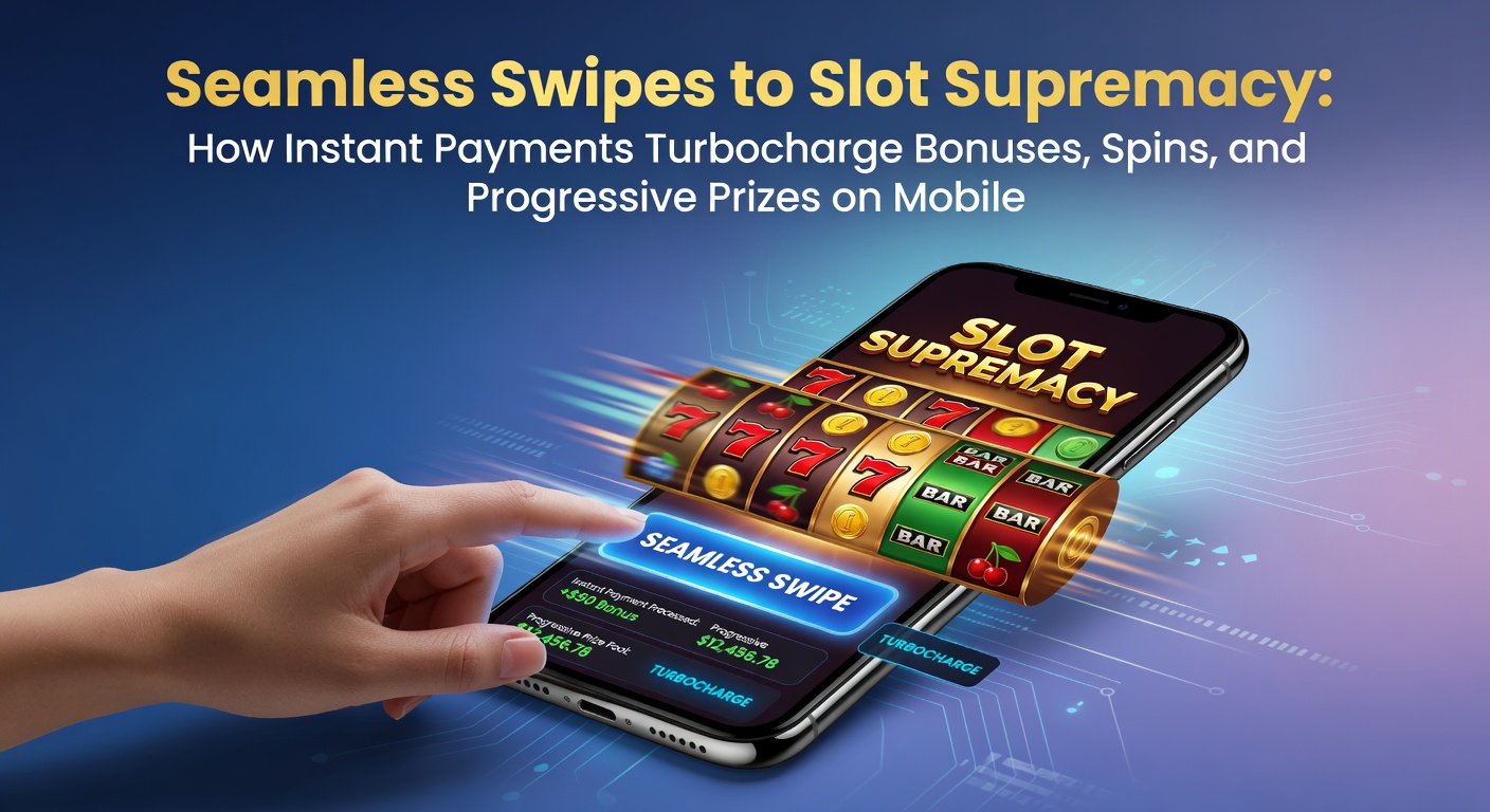 Mobilgerät mit Slot-Spiel und Instant-Payment-Symbolen, die schnelle Transaktionen und aufblinkende Boni darstellen